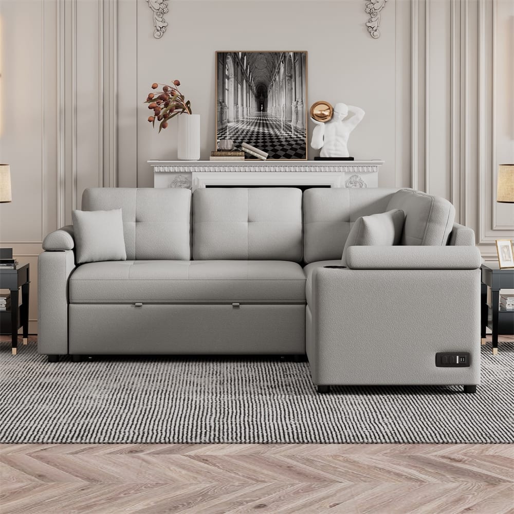 87.4" L-shape Sofa Bed Pull-out Sleeper Sofa with Wheels, USB Ports