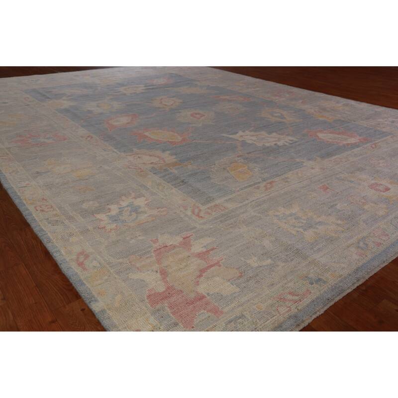 Hand Knotted Oriental 100% Wool Carpet Transitional All-Over Navy Blue & Blues Oushak Area Rug - 12' 5'' X 8' 11''