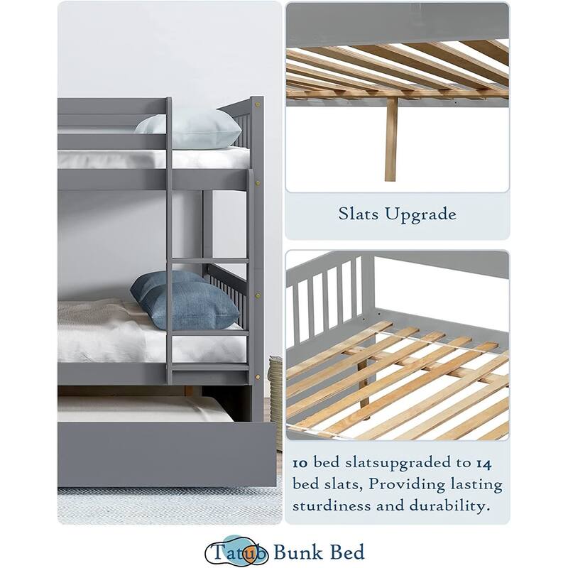 Full Over Full Bunk Bed with Trundle, Solid Bunk Bed with Trundle for Kids, Teens, Boys and Girls