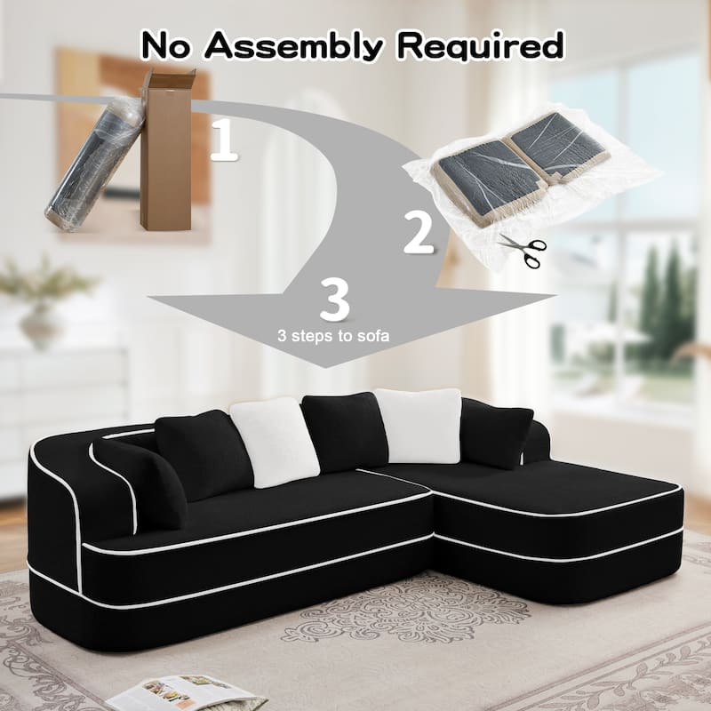 Teddy Fabric Contrast Sofa for Living Room, Upholstered Sectional Couch with L-Shaped Chaise, Boneless Couch with Throw Pillows
