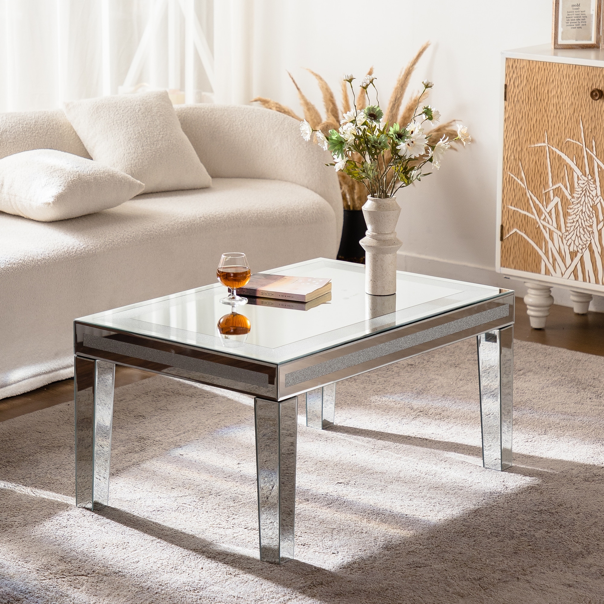 Silver Coffee Table With Dazzling Crushed Crystal Border Clear Glass Rectangle Center Table Modern Design