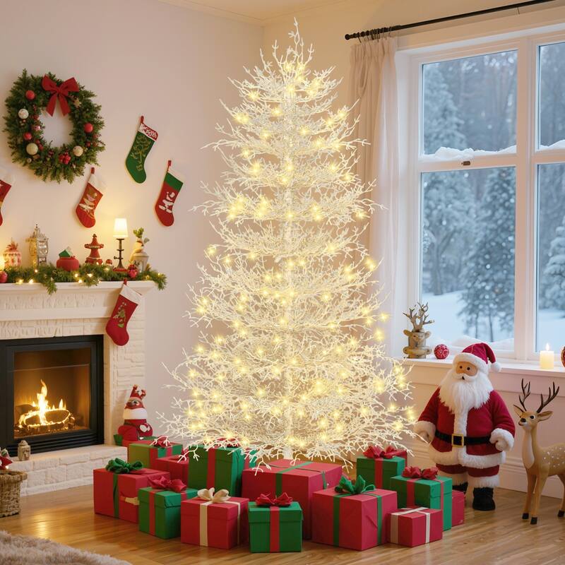 6FT Pre-lit Artificial Christmas Tree, Hinged Xmas Tree 623 Snow Flocked Branch Tips, 420 Warm Yellow LED Lights