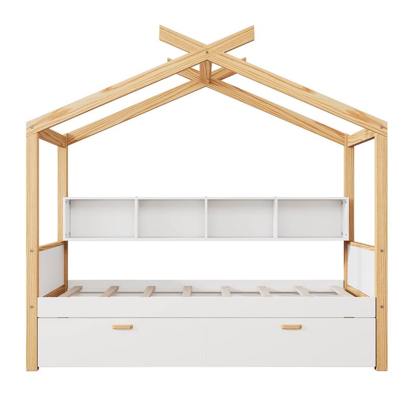 Wooden House Bed Original Wood Colored Frame with Bookshelf Storage Space