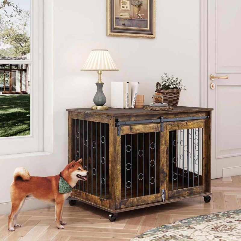 Sapphome Dog Crate Furniture Large Breed TV Stand with 2 Sliding Doors,Grey