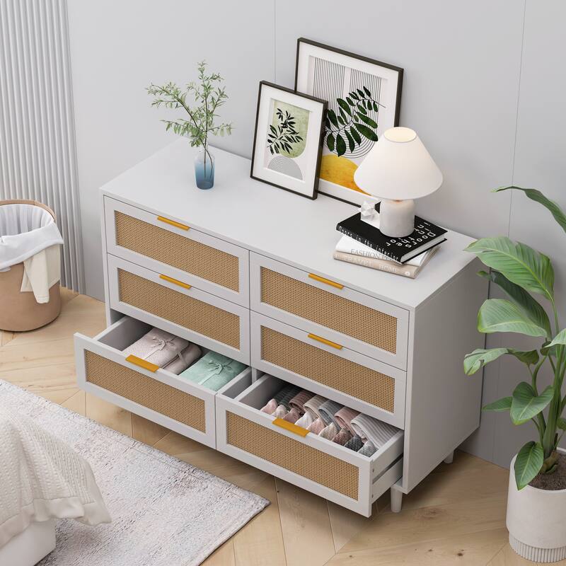 43.31" Rattan Chest of Dresser with Storage, 6 Drawer Dresser for Bedroom, White