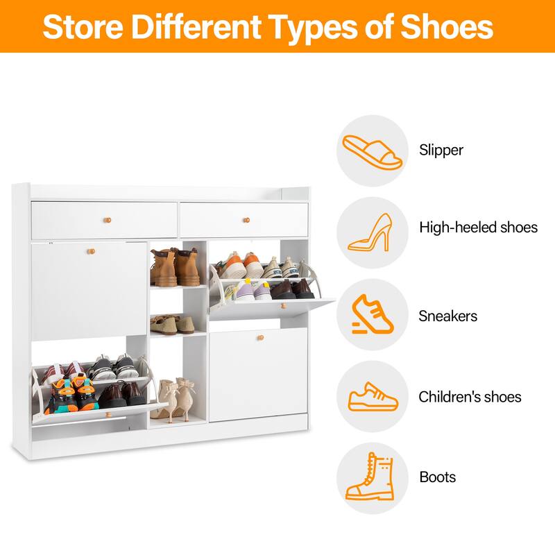 White Shoe Cabinet with 4 Drawers and Storage Compartments for Entryway Hallway Organization - 50.39”W x 9.84”D x 42.13”H