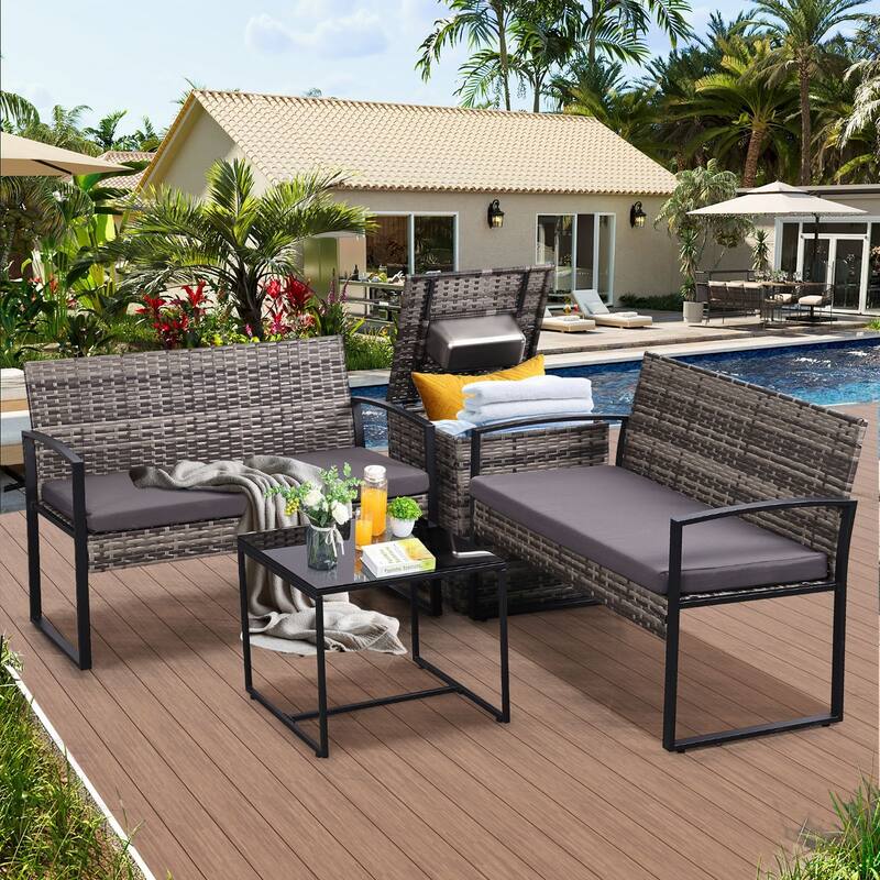 4-Piece Wicker Outdoor Sofa Set, 2 Loveseats, 1 Table, 1 Ice Bucket