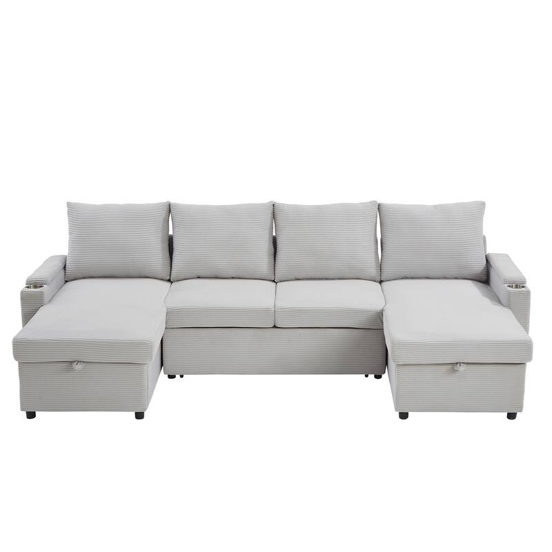 Convertible Sofa Bed with Pull Out Bed, U-Shaped Sectional Sofa with Dual Storage Chaise Lounges, USB Ports & Cup Holders