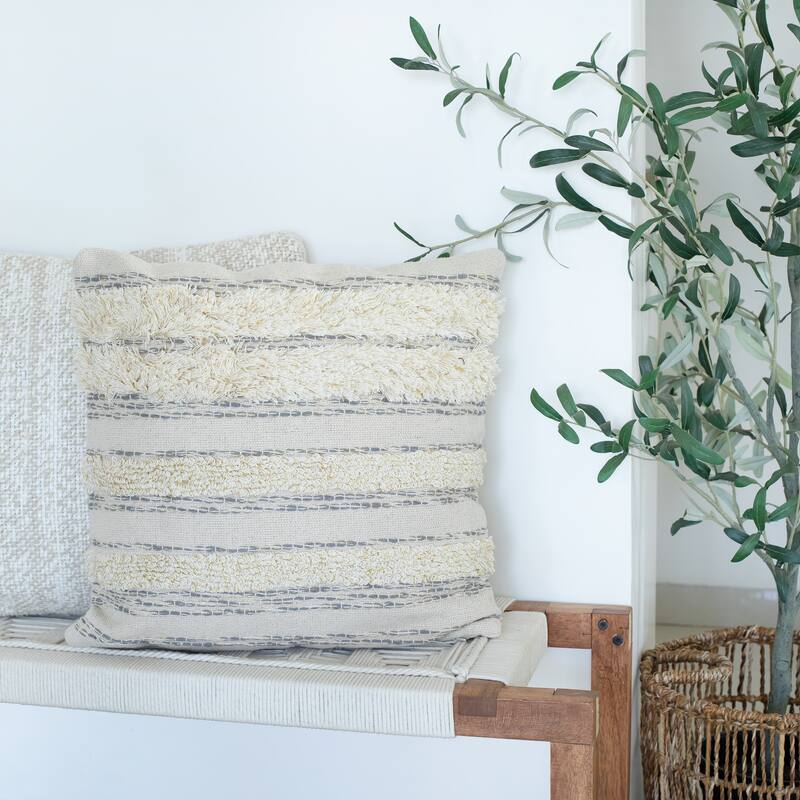 Handwoven Tufted Stripe Square Throw Pillow - 20" - Cream and Gray