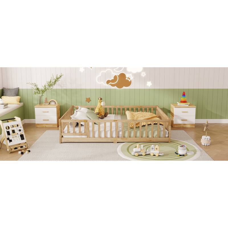 Roomfitters Queen Floor Bed with Surround Fence and Swing Door, Rubber Wood Platform with Guardrails and Slats, Natural
