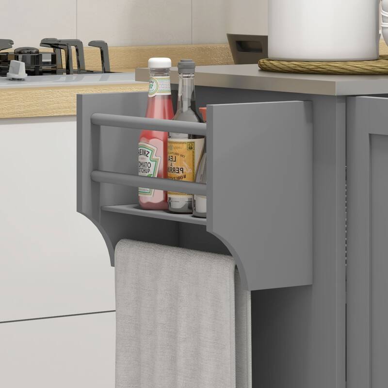 Grey-Silver MDF Kitchen Island Cart with Stainless Steel Top and Wheels - 50.5" W x 18" D x 36" H