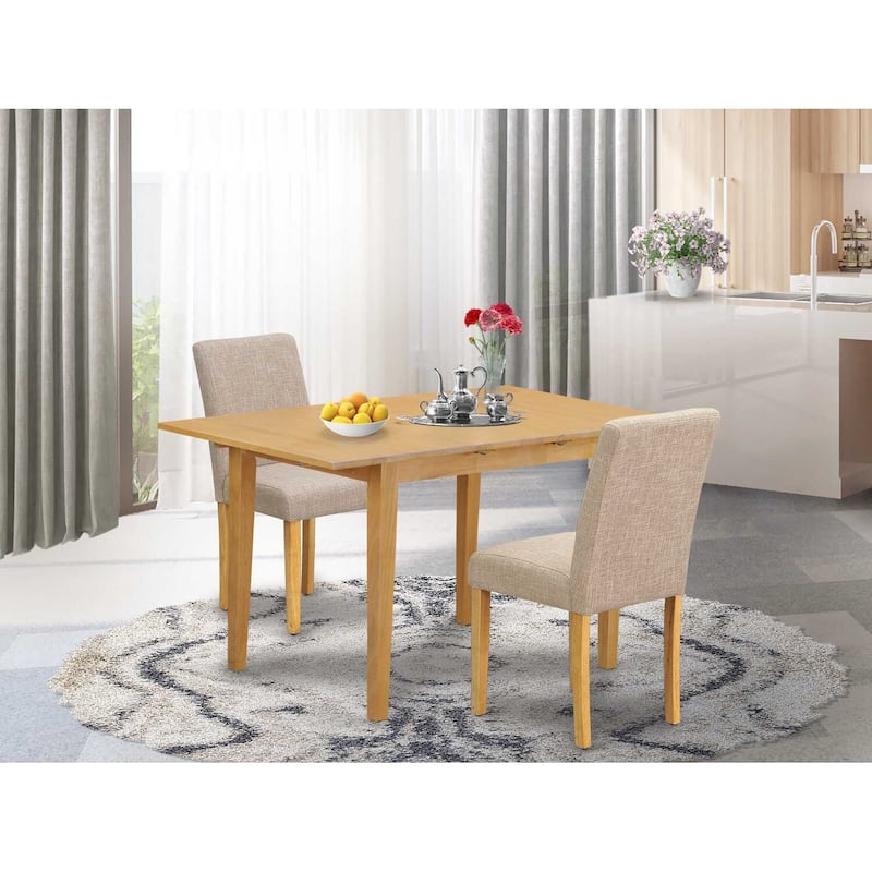 Rectangle Dinette Table Set - 3Pc Table & Chairs, Oak Legs, Linen Fabric, Light Fawn, 42-53.5"