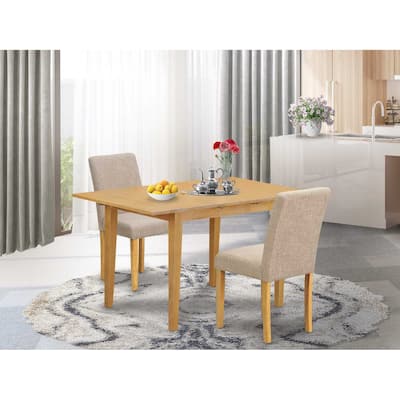 Rectangle Dinette Table Set - 3Pc Table & Chairs, Oak Legs, Linen Fabric, Light Fawn, 42-53.5"