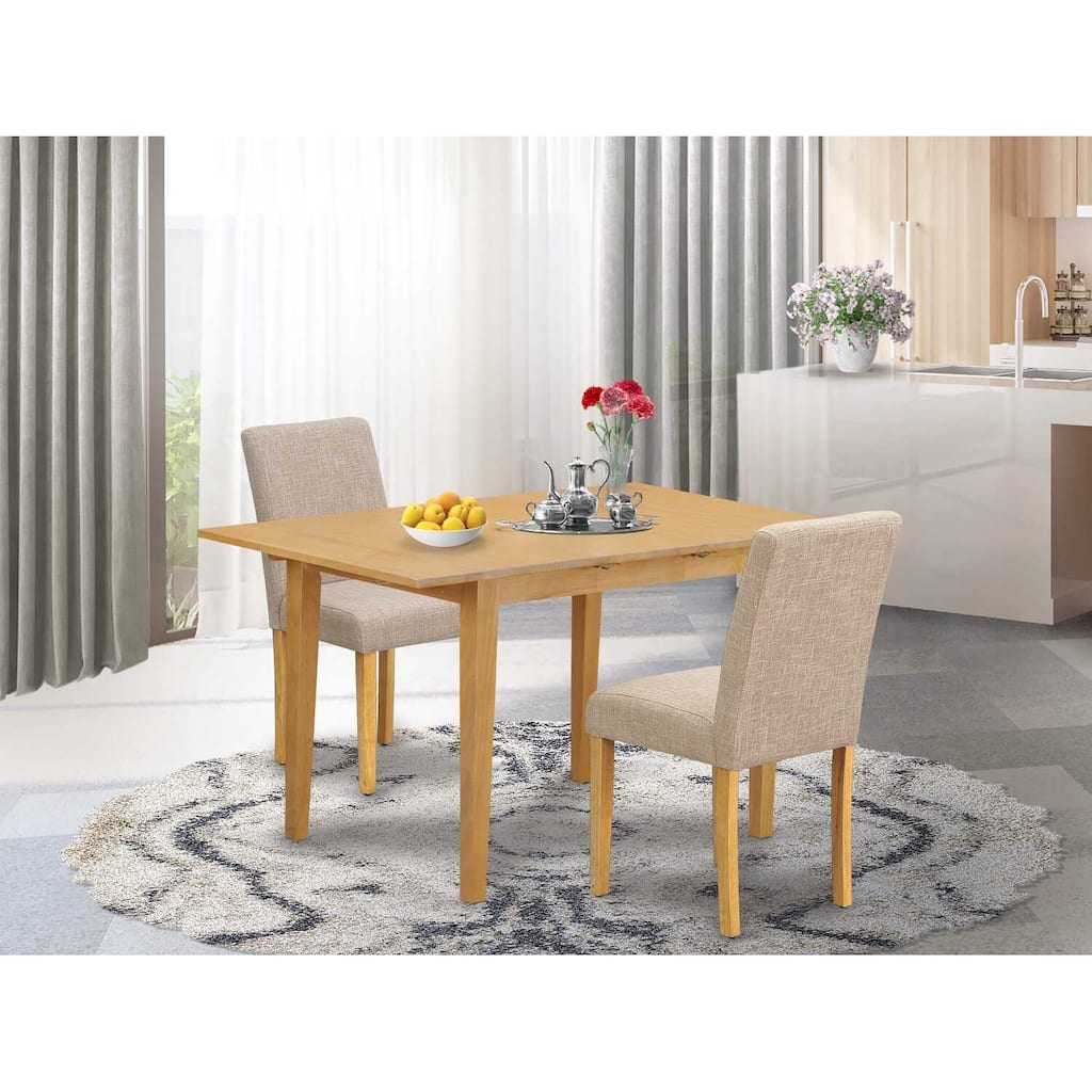 Rectangle Dinette Table Set - 3Pc Table & Chairs, Oak Legs, Linen Fabric, Light Fawn, 42-53.5"