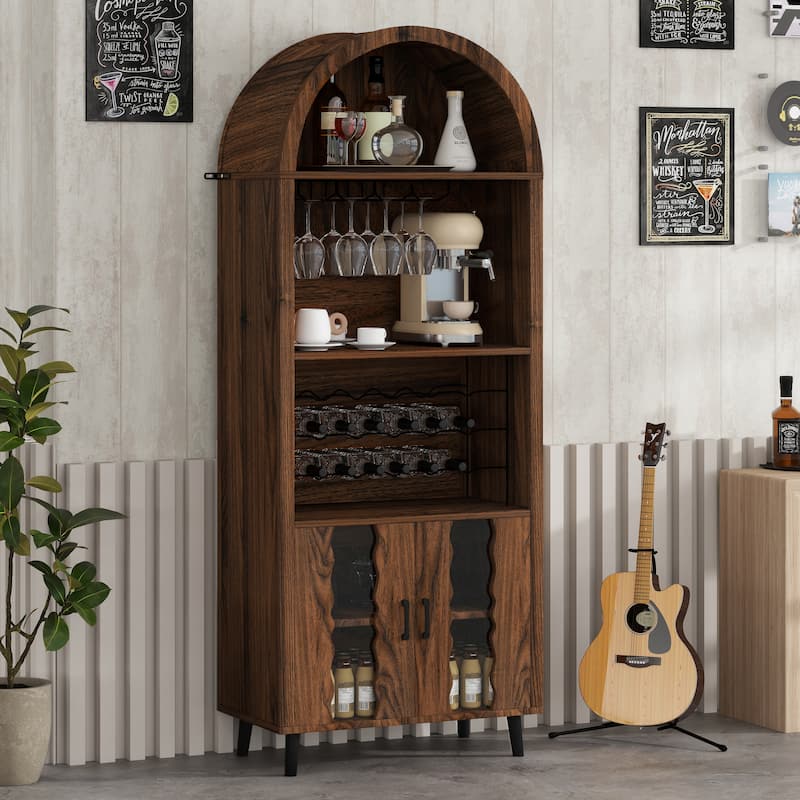 71"Farmhouse Arched Wine Bar Cabinet, Arch Cabinets &Coffee Bar, Whiskey Station With Wine Rack And Wine Glass Holder