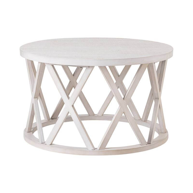 COZAYH Farmhouse End Table, Rustic Round Coffee Table with X-Motifs Legs, Wood Textured Top for Boho, French Country Decor