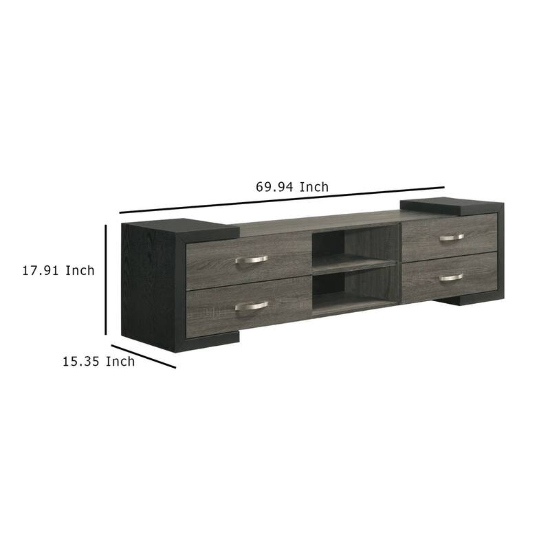 Teny TV Stand Media Cabinet, 70 Inch, 4 Drawers, Black Edge, Gray Wood