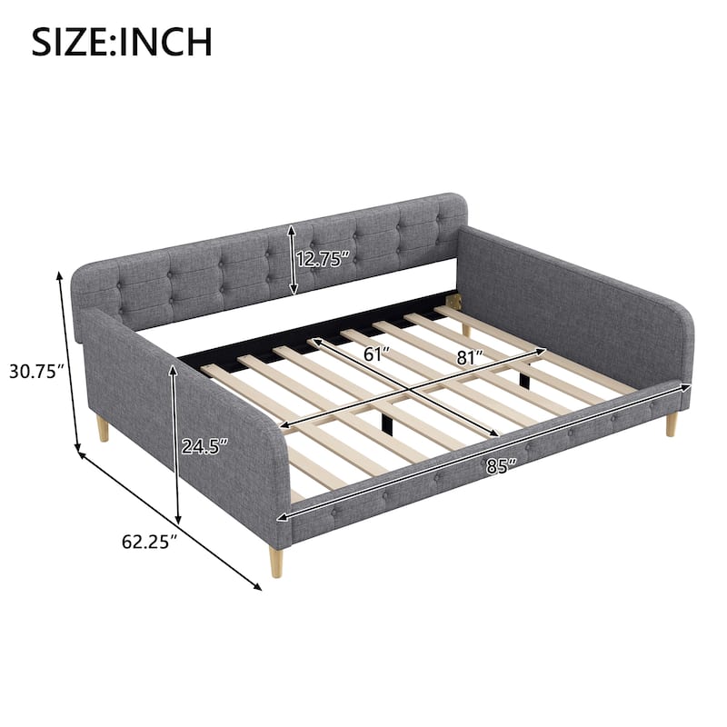Queen Size Upholstered Daybed with Linen Fabric, Solid Wood Frame & 4 Support Legs, Sofa Bed for Guest Room