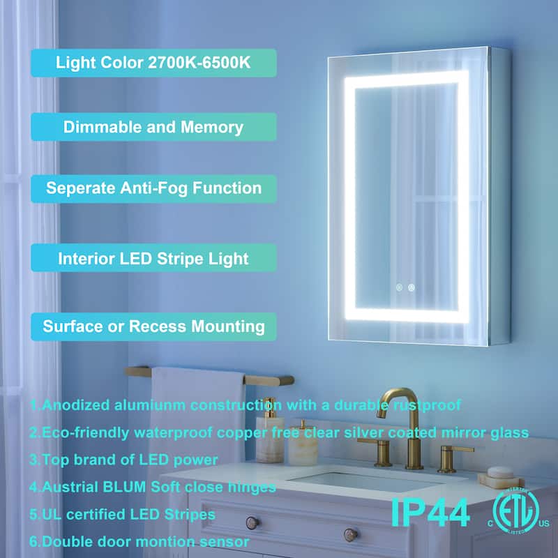 30" H Recessed or Surface LED Mirror Cabinet with Adjustable Glass Shelves,Defogger, Dimmer And Outlets & USB Ports