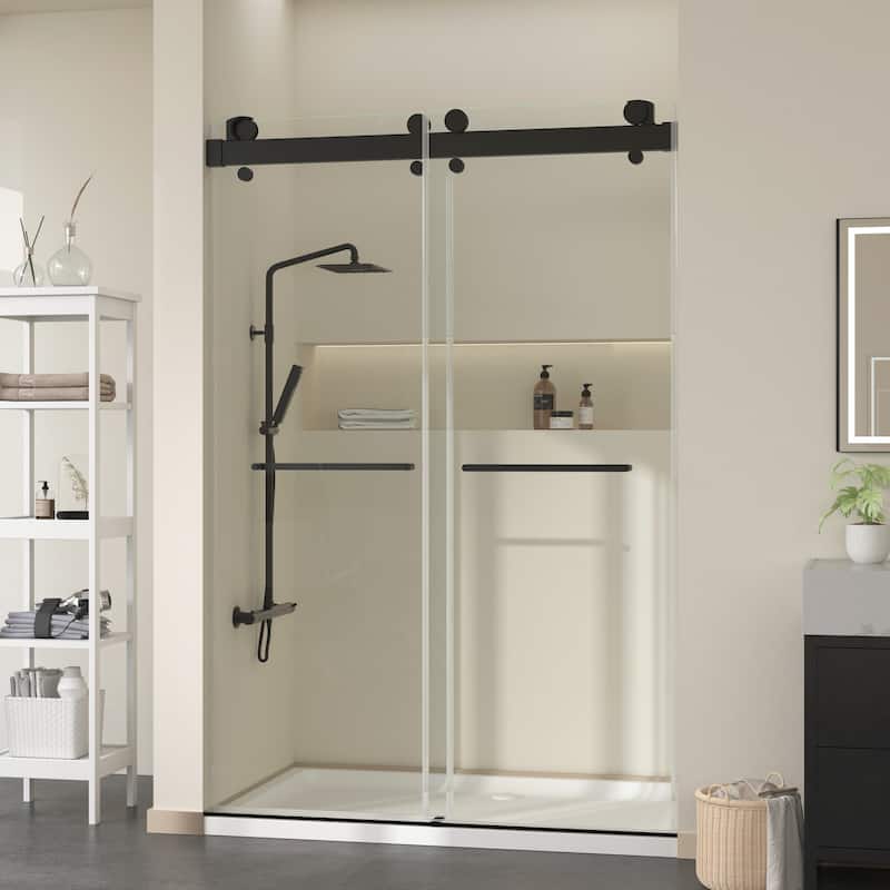 Double Sliding Door Frameless Corner Shower Enclosure with 5/16 in. Tempered Glass - 60in. - Black