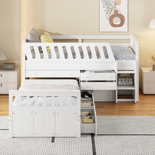 L-shaped Space-Saving Twin Loft and Twin Platform Bed with 7 Drawers and Full Guardrails-White