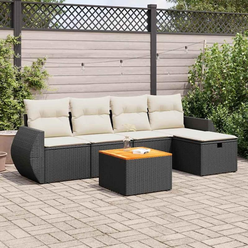 vidaXL Patio Sofa Set with Cushions Outdoor Furniture 6 Piece Poly Rattan - Black and cream with storage - 21.7 x 21.7 x 14.6 in