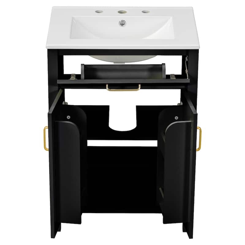 Bathroom Vanity Compact Freestanding Adjustable Cabinet with Door Storage Racks, Flip Down Drawer and Golden Handles