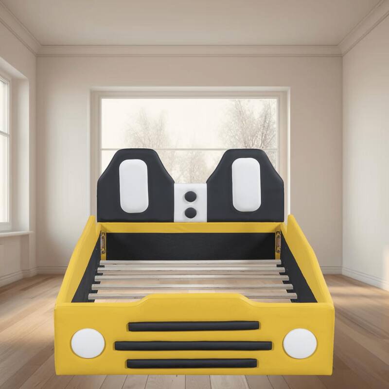 Twin Size Race Car-Shaped PU Leather Upholstery Platform Bed Frame with Wheels, Fun and Functional Design, for Kids Boys Girls - Yellow - Twin