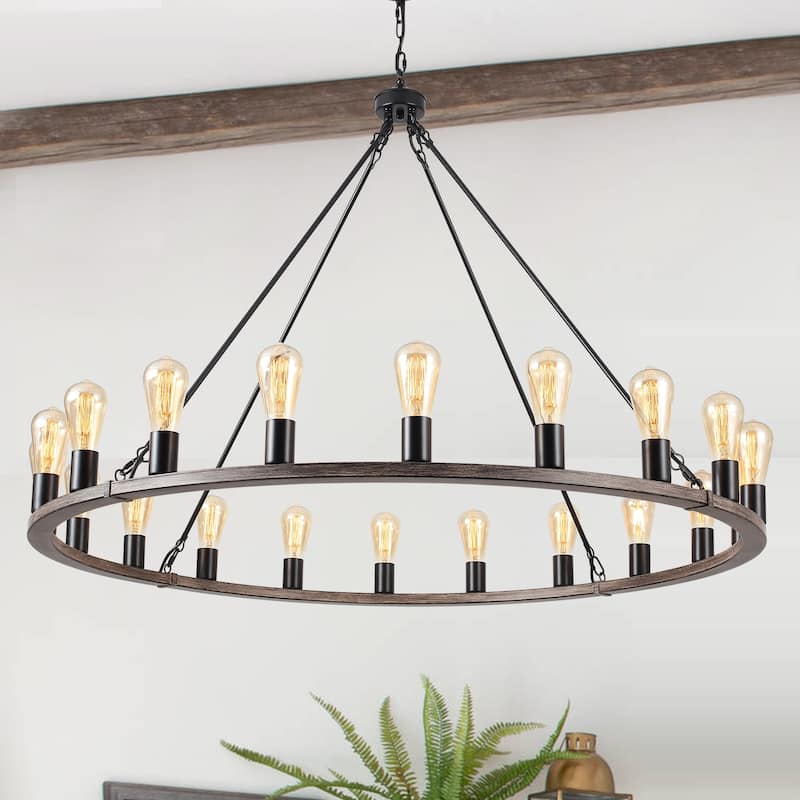 20-Light Round Rustic Wagon Wheel Chandelier, Farmhouse Chandelier, Dining Room Living Room Bedroom Kitchen Light Fixture