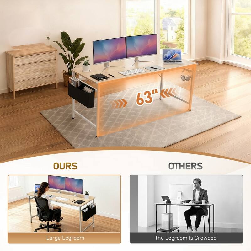 63” Computer Desk for Home Office ,Study Writing Desk with Storage, Side Hooks & Adjustable Feet
