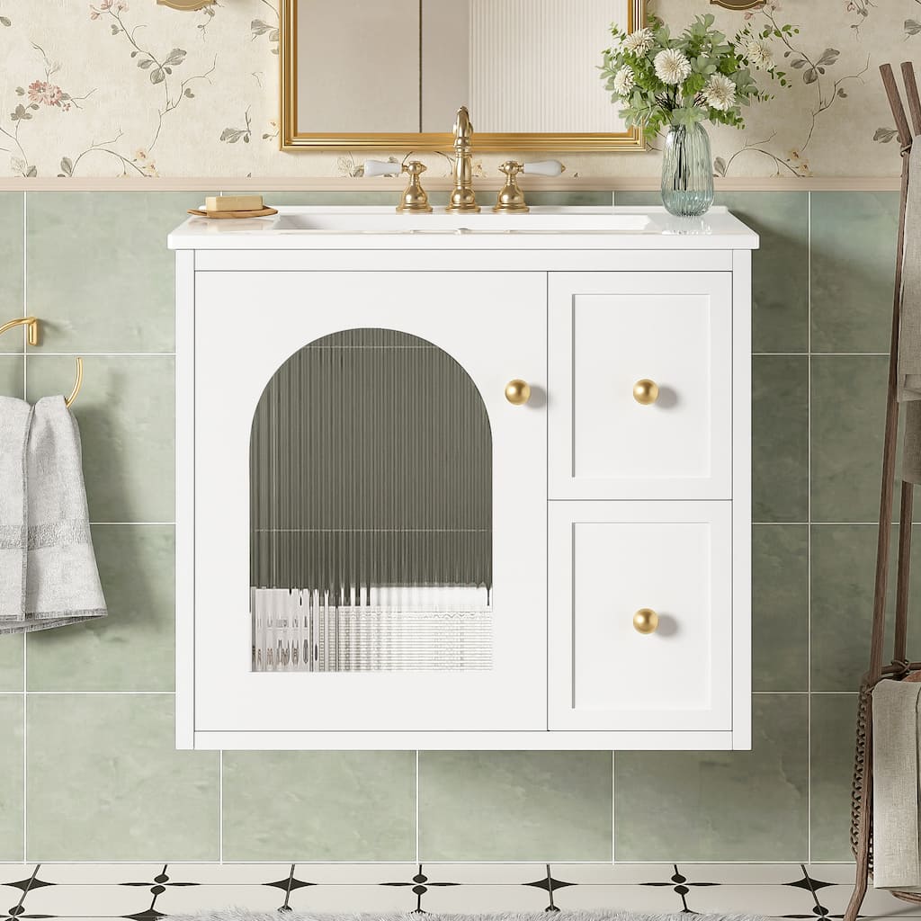 24" Bathroom Vanity Set Wall Mounted for Small Space, Bathroom Cabinet with Ceramic Sink, 2 Drawers and 1 Soft-Close Door