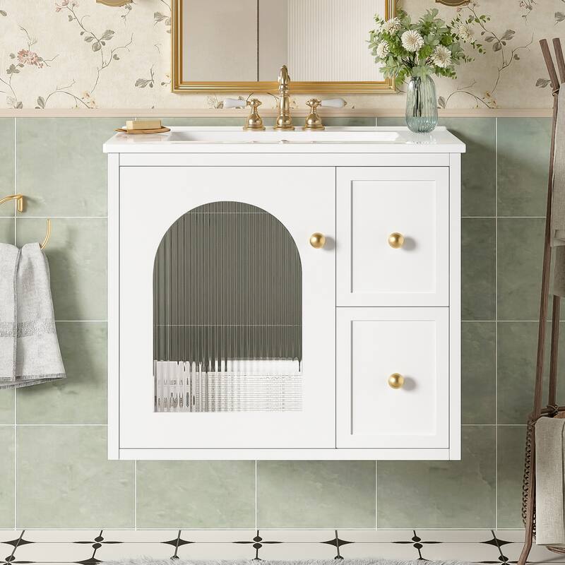Wall Mounted Bathroom Vanity Set with Ceramic Sink, Floating Bathroom Cabinet with Glass Door - 24 Inch