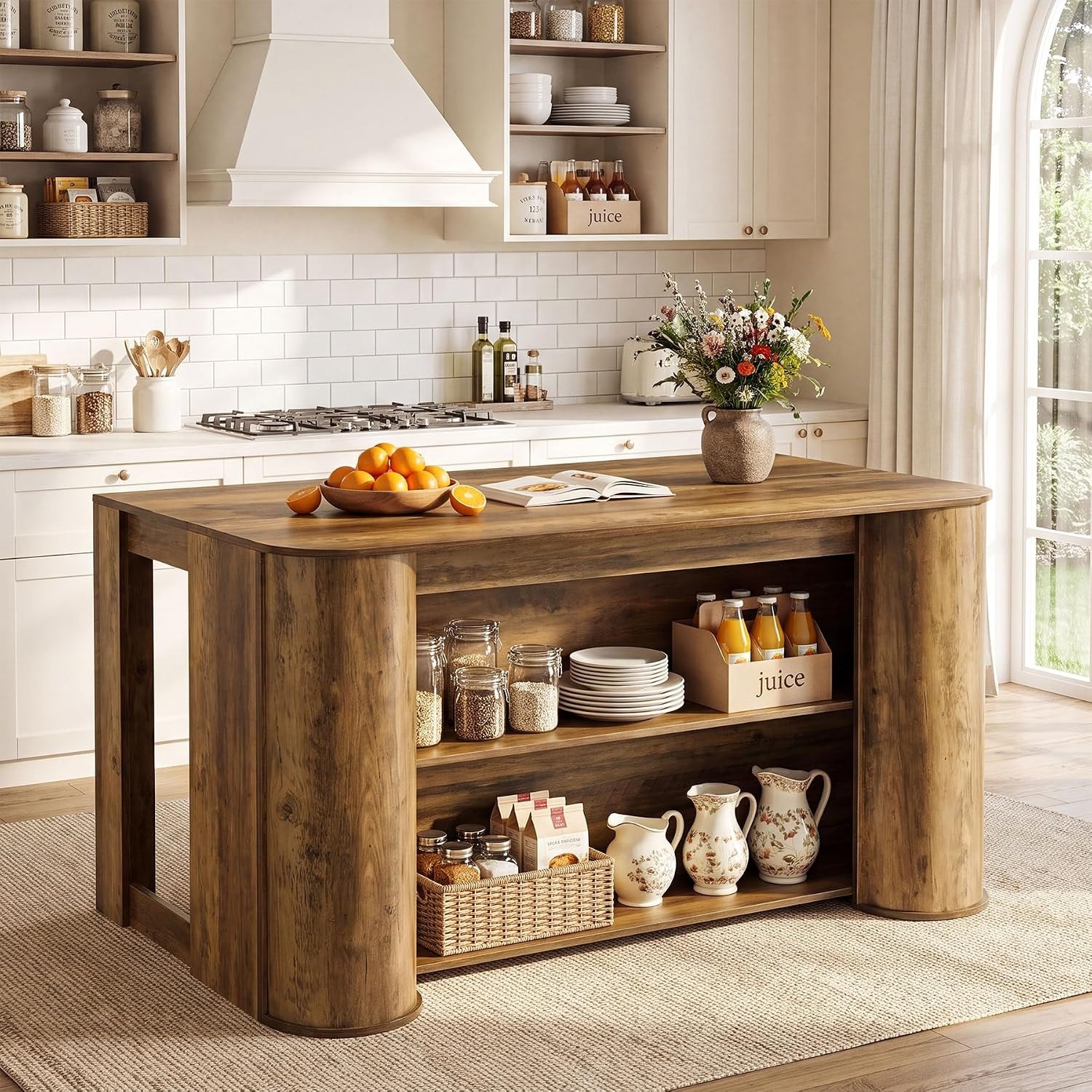 55" Kitchen Island with Storage Shelves, 3-Tier Farmhouse Stationary Island Table with Seating