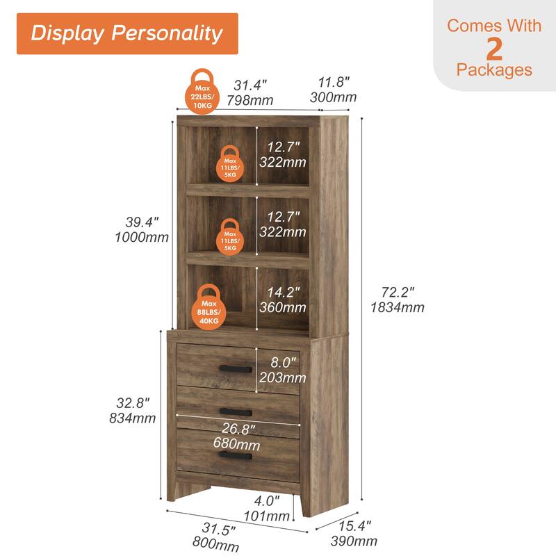 3-Tier Bookshelf with 3 Large Drawers, 74" Tall Farmhouse Bookcase with Wide Metal Handles, for Living Room, Office, Library