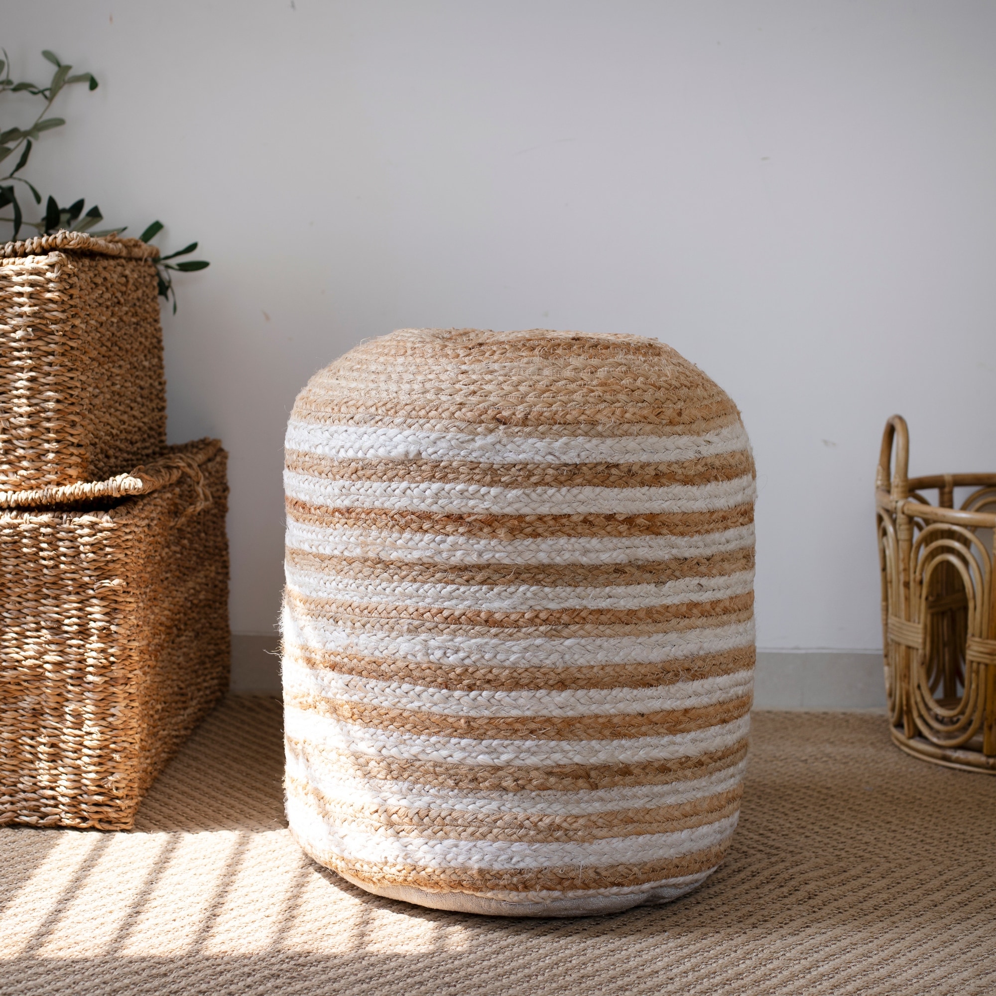 Handwoven Nautical Striped Cylindrical Jute Pouf Ottoman - 18” - Brown and White