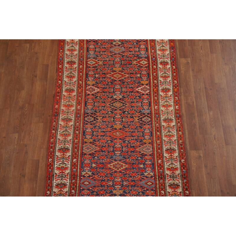 Pre-1900 Antique Blue Malayer Persian Runner Rug Handmade Wool Carpet - 3'2"x 16'7"