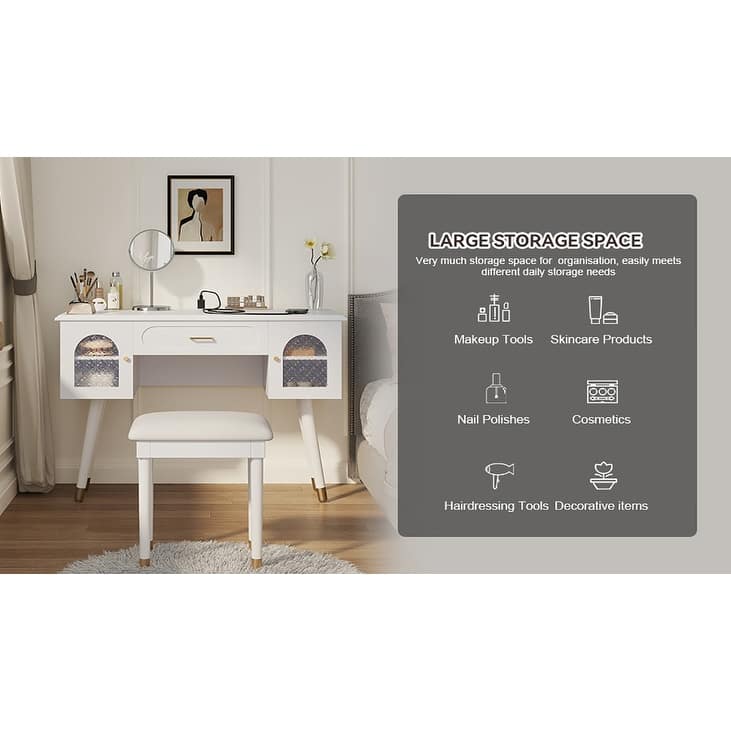 Vanity Dresser with Mirror and Stool Set Storage Drawers Luxury Furniture