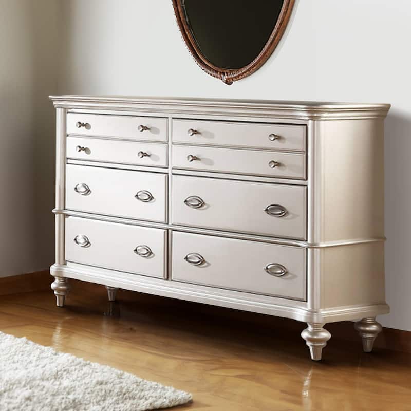 63 Inch Wide 6 Drawer Dresser, Crystal Like Knobs, Molded Details, Silver