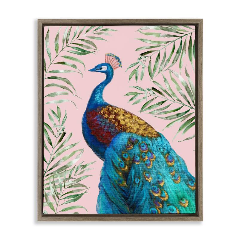 Stupell Elegant Peacock & Palm Sprigs Framed Floater Canvas Wall Art Design By Nan - 17 x 21 - Brown