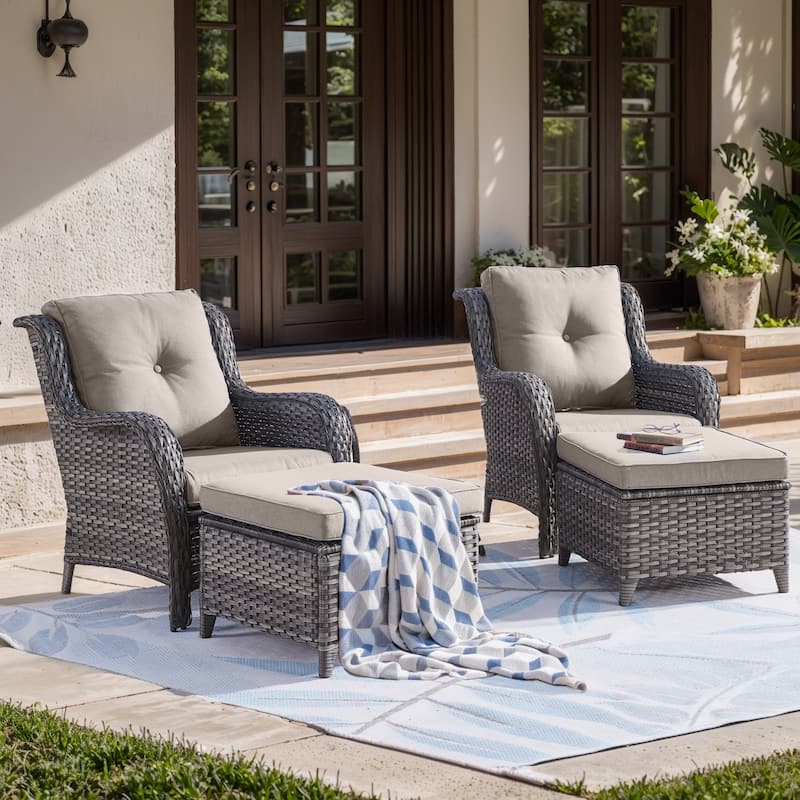 Pocassy Outdoor Patio Chairs Ottoman Table with 4 Inch Cushion - 4 Pieces Patio Chair w/ Ottoman - Grey Rattan Grey Cushion