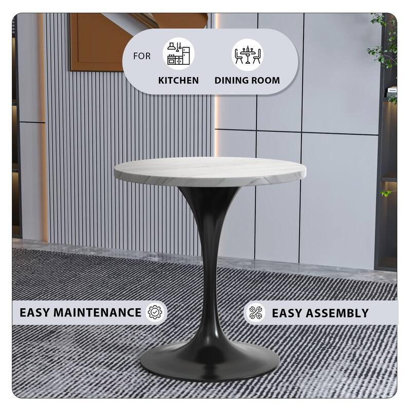 LeisureMod Verve 27" Round Dining Table with Sintered Stone TableTop and Black Steel Base for Kitchen & Dining Room - 27.56