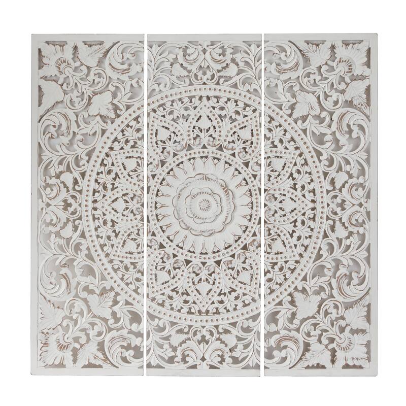 Wooden Handmade Intricately Carved Floral Wall Decor with Mandala Design (Set of 3) - Brown or White