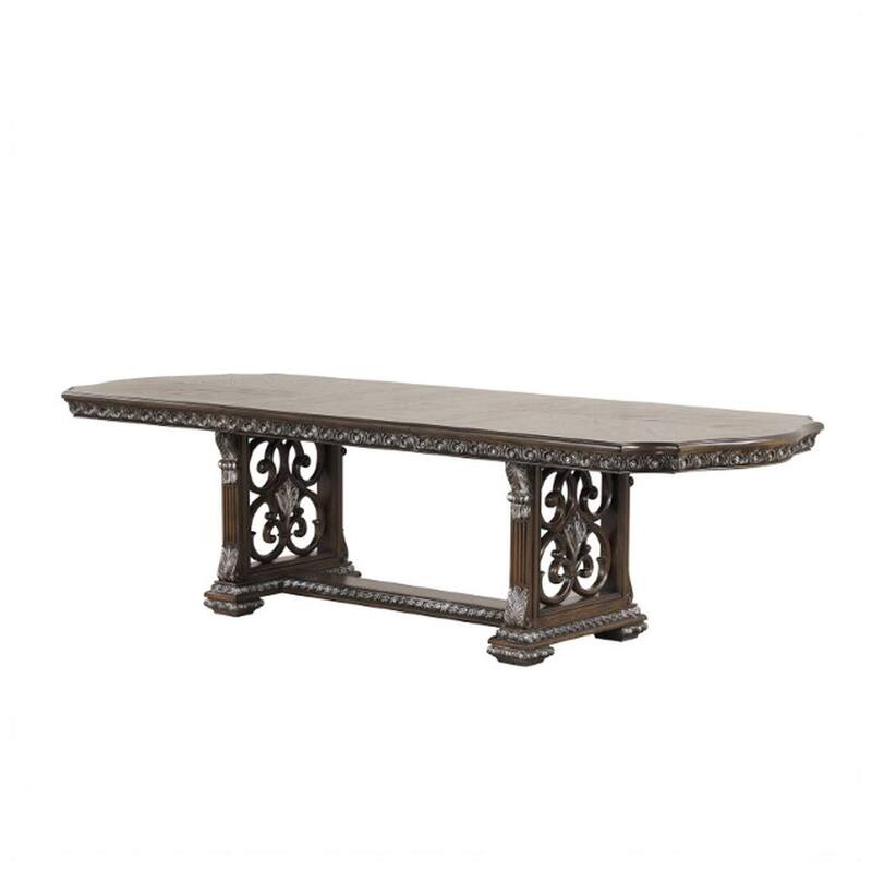 Naddy Dining Table, 80-112 Inch Extendable Top, Dark Brown Floral Motifs - Dark Brown