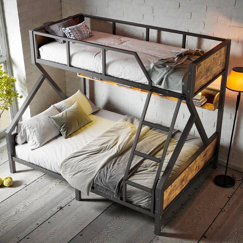 Space-Saving Metal Bunk Bed with Shelves, LED Strip Lighting, Guardrails and Woodgrain Panels, Multiple Size Options
