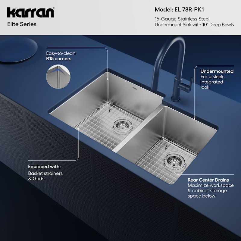 Karran Elite Undermount Stainless Steel 33 in. 16-Gauge Double Bowl 60/40 Kitchen Sink Kit