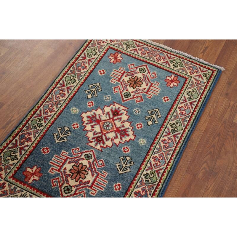 Hand Knotted Oriental 100% Wool Carpet Traditional Geometric Navy Blue & Blues Kazak Area Rug - 3' 3'' X 1' 11''