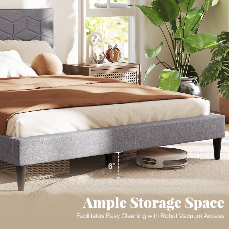 Grey Upholstered Bed Frame with Linen Headboard and Low-Profile Design Box-Spring-Free Setup