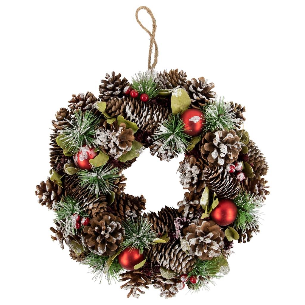 Red Ornament with Frosted Pinecone and Pine Needle Christmas Wreath 13.5-Inch Unlit - 13.5"