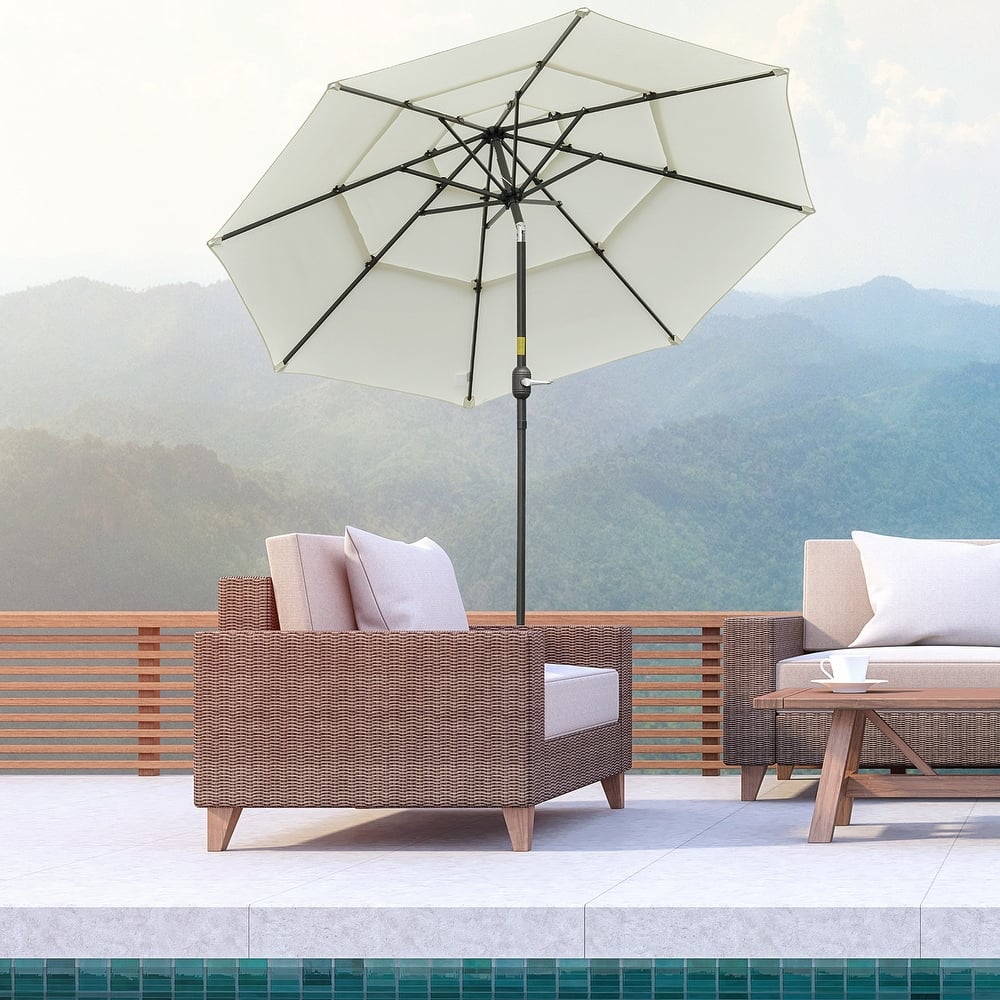 Outsunny 9FT 3 Tiers Patio Umbrella Outdoor Market Umbrella with Crank, Push Button Tilt for Deck, Backyard and Lawn