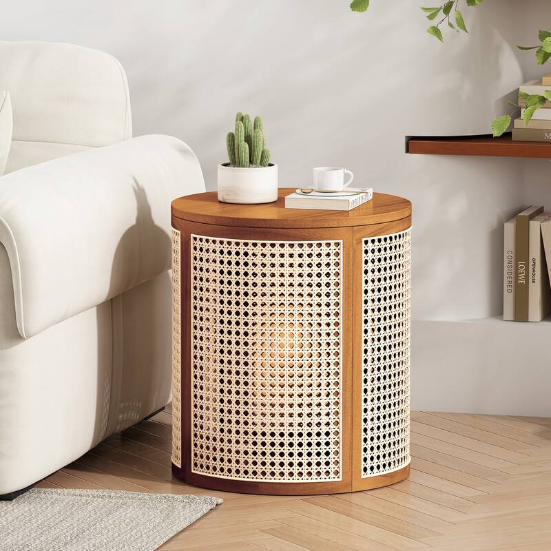 Roomfitters 15.7" Round End Table, Modern Hollow Woven Side Table with Solid Rubber Wood Tabletop and Rattan Accents